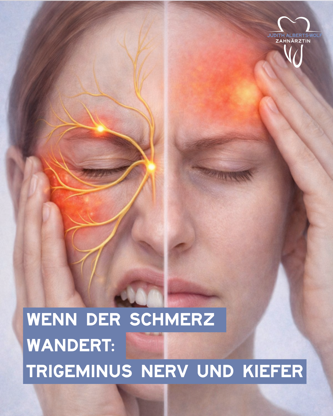 Das Bild zeigt eine Frau, die ihr Gesicht verzeiht, grafische Abbildung deuten Nervenbahnen an. Symbolisch für: Trigeminusnerv: Die Verbindung zwischen Kiefer und Migräne