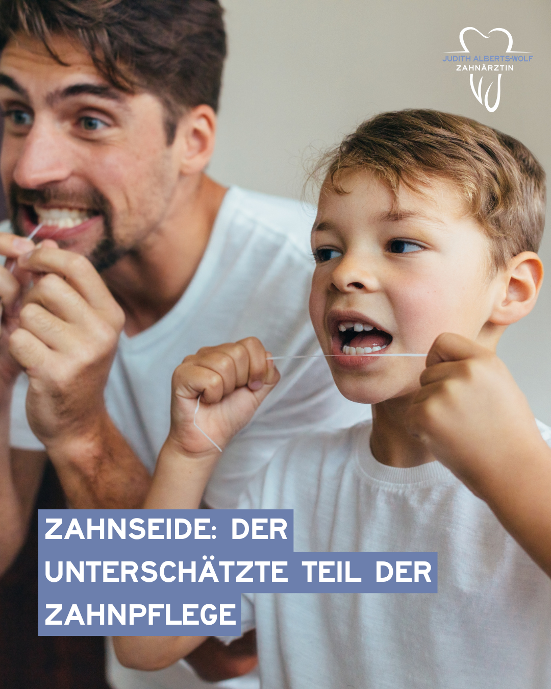Das Bild zeigt einen Vater und seinen Sohn die Zahnseide benutzen, symbolisch für: Zahnseide: Der unterschätzte Teil der Zahnpflege